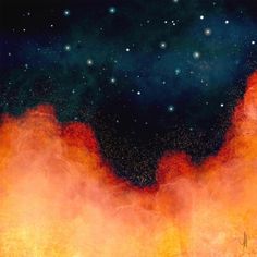 an orange and blue painting with stars in the sky