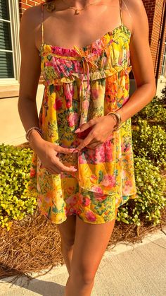 Yellow and Pink Floral Mini Dress – Juniper Adventure Dress, Pink Floral Mini Dress, 2023 Wishlist, Caught Cheating, 100 Years Ago, Sling Dress, Yellow And Pink, Floral Color, Floral Ruffle