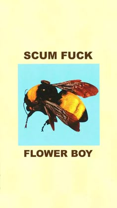 a yellow and black bee with the words scum fock flower boy on it