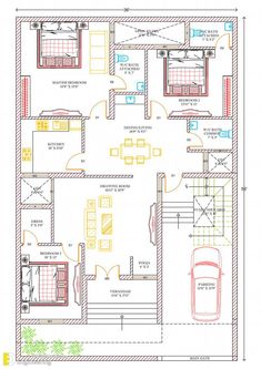 the floor plan for a small house with two bedroom and living room, including an attached garage