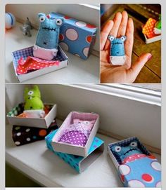 several different pictures of stuffed animals in small boxes on a window sill with polka dots