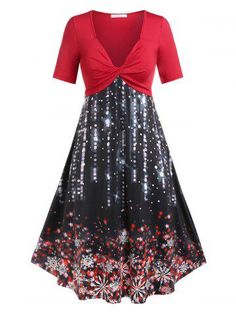 Plus Size Christmas Snowflake Starry Twist Midi Dress [43% OFF] | Rosegal Plus Size Christmas, Red Midi Dress, Hot Dress, Sweetheart Neck, Christmas Dress, Sleeves Pattern, Midi Dresses, Empire Waist, Plus Size Dresses