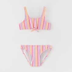 Zara Stripe Kids Bikini Swimsuit Brand New With Tags Orange White Pink Yellow Two Piece Bikini Set. Round Neck Top With Knot Detail And Adjustable Straps. Matching Bottoms. Spf 50+ Uv Protection Zara Swimsuit, Star Swimsuit, Yellow Bathing Suit, Yellow Two Piece, Swimsuit Brands, Round Neck Top, Floral Swimsuit, Striped Swimsuit