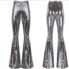 FULLY SEQUINED FABRIC : Shine brighter than ever before and turn heads with bold, sparkly designs with a pair of Studio 54 Fashion Women's Sequined Flare Pants Leggings and shine a light on how good you look! SPANDEX LINING STRETCH : Our Women's Sequin Flare Pants are lined with a comfy, spandex fabric to make the holiday parties comfortable. Outer layer mesh is covered with tiny sequins in orderly vertical stripes. Inside soft stretch lining prevents sequins from rubbing/scratching your legs an Sequin Bell Bottoms, Studio 54 Fashion, Pants Bell Bottoms, High Waisted Bell Bottoms, Velvet Bell Bottoms, Sequin Flare Pants, Silvester Outfit, Golden Lace, Flare Legging