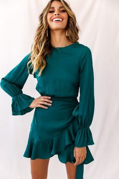 Shop Dresses | Hot Party Dresses | Hot Dresses | Selfie Leslie, Color: Green Satin Dress Short, Forest Green Dress, Long Sleeve Satin Dress, Red Lace Dress, Frill Dress, Dress Makeup, Satin Dress, Red Lace, Dress Short