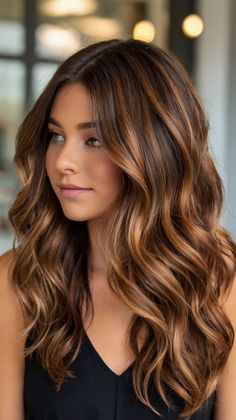 8 Caramel Swirl Balayage Ideas for Brunette Beauties 🍂 Fall Caramel Balayage Brunette, Caramel Brownie Balayage, Bayalage Reddish Brown, Balayage Hair Face Framing, Balyage Long Hair Brunettes Carmel, Chestnut Highlights In Brown Hair, Partial Highlights For Brown Hair, Dark Hair Ideas For Fall, Dark Brown Hair With Caramel Highlights Balayage Long Layered