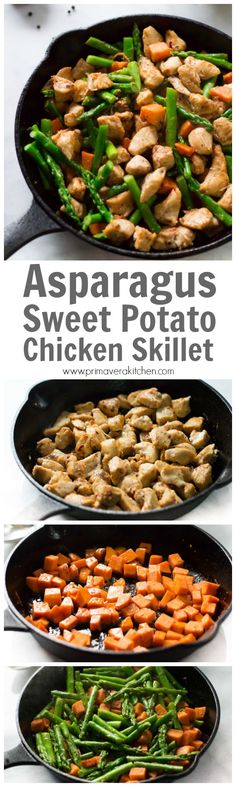 asparagus, sweet potato and chicken skillet is shown in three different pans