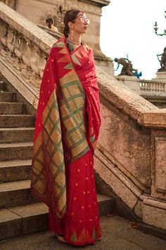 About this Product Saree: Saree Color: Red Saree Fabric: Silk Saree Work: Print Saree Pattern: Block Print Drape Style: Choose the drape style while order: Standard Open, Pleated or Gujarati Saree length: 5.5 meters Petticoat: Saree comes with an in-built butter crepe petticoat, no additional petticoat is required to wear with the saree. Sizing: Waist is adjustable +/- 1 size with a partial elastic waist band that falls under the drape for added comfort. Blouse: Optional Blouse: Blouse Style: Pl Cherry Red Color, Handloom Weaving, Block Print Saree, Red Saree, Wear Saree, Red Art, Traditional Sarees, Silk Material, Party Wear Sarees