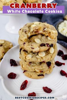 cranberry white chocolate cookies stacked on top of each other with text overlay