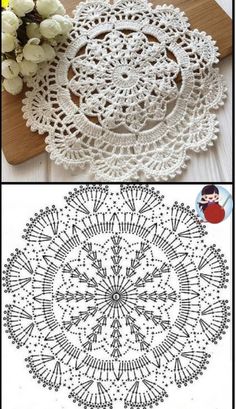 crochet doily is shown with flowers on the table and in front of it