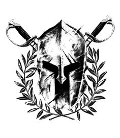 a black and white drawing of a helmet with two horns on it, surrounded by an olive wreath