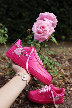 Blossom Flower Embroidered patch on hot Pink Air Force 1 Sneakers. Embroidered blossom flower patch Light Pink shoelaces (includes original laces). Custom made-to-order sneaker. Brand new 100% authentic Nike AF1 Low with box! Free shipping within the US territory! Need a different color of sneakers? Let us know which color you're looking for and we'll find it for you. Have an idea for your embroidered blossom flower patch custom sneakers? Please send us a message here. We'll get back to you with Pink Low-top Custom Sneakers For Spring, Pink Sneakers With Embroidered Logo, Pink Sneakers With Embroidered Logo For Spring, Pink Sneakers With Embroidered Logo And Round Toe, Pink Custom Sneakers For Spring Streetwear, Spring Pink Lace-up Custom Sneakers, Spring Low-top Custom Sneakers With Laces, Spring Lace-up Sneakers With Embroidered Logo, Low-top Appliqued Sneakers For Spring