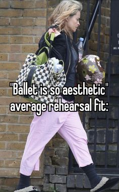 a woman walking down the street with a backpack on her back and text that reads ballet is