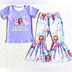 Gabby’s Dollhouse Outfit Brand New Multiple Sizes Available Bell Bottom Outfits, Bell Bottom Pants Outfit, Cartoon Purple, Girls Dollhouse, Purple Girls, Purple Outfits, Cartoon Outfits, Girls Boutique