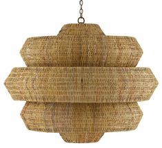 a chandelier made out of wicker with lights hanging from the top and bottom