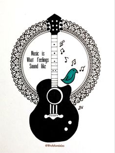 a black guitar with a green bird sitting on it's neck and the words music is what feelings sound like