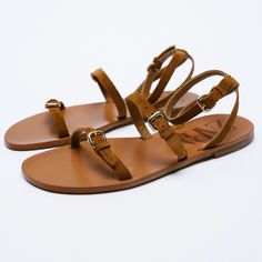 Nwt Zara Flat Leather Buckle Sandals, Wraps Around Ankle. Leather Sandals With Buckle Closure For Day Out, Adjustable Leather Sandals By Zara, Chic Brown Sandals For Everyday, Chic Everyday Brown Sandals, Chic Brown Everyday Sandals, Zara Flats, Zara Leather, Buckle Sandals, Zara Shoes