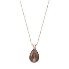 "Adorn yourself with the graceful beauty of this 14k gold genuine smoky quartz briolette necklace. Comes in a gift box.PENDANT DETAILS Pendant length: .6 in. Chain length: 18 in. Clasp: spring-ring Metal: 14k gold STONE DETAILS Stone type: genuine smoky quartz Total weight: 3 1/2 ct. Shape: briolette Gemstones may have been treated to enhance their appearance. Special care may be required. Size: 18"". Color: Brown. Gender: female. Age Group: adult." Briolette Necklace, Rose Gold Quartz, Diamond Solitaire Necklace, Solitaire Necklaces, Modern Ring, Gold Stone, Lemon Quartz, Ring Metal, Spring Rings