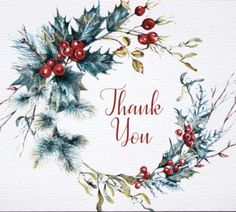 a watercolor christmas wreath with the words thank you