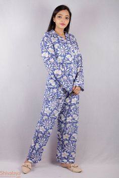 100% pure cotton hand block printed night suit, perfect for summer while sipping tea on your terrace! Full sleeve shirt with buttons and loose fit trousers. Completely handmade in Jaipur from 100% pure cotton fabric. Comes in S/M/L sizes, but without any complications can be adjusted to individual measurements. SHIVALAYA JAIPUR Pajamas for Women * Ultra-soft * 100% cotton * Handmade * Block print available sizes and measurements: XS (EU: 34 - 36, US: 6 - 8) Pyjama Top: chest girth = 36 inches / Cotton Sleepwear With Block Print For Loungewear, Cotton Block Print Sleepwear For Loungewear, Cotton Sleepwear With Block Print And Relaxed Fit, Relaxed Fit Block Print Sleepwear For Loungewear, Block Print Long Sleeve Sleepwear For Loungewear, Long Sleeve Block Print Sleepwear For Home, Printed Long Gowns, Cotton Pants Women, Pants And Shirt