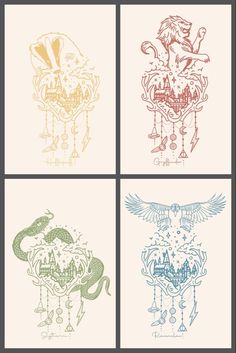 four different colored designs on white paper