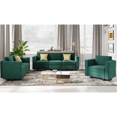 a living room filled with green couches and chairs