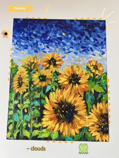 a painting of sunflowers in a field with blue sky