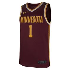 Add a bold finish to your game day look with this Minnesota Golden Gophers jersey from Nike. Lightweight and sleeveless, it's made with Dri-FIT fabric to offer breathability and comfort. This replica jersey draws inspiration from the gear worn by the Minnesota Golden Gophers on the court, featuring classic trims, team details and numbers on the front and back. Dri-FIT technology wicks away moisture Machine wash with garment inside out, tumble dry low Screen print graphics Brand: Nike Replica Jer College Team Spirit Sleeveless Jersey, Sleeveless College Jersey With Team Spirit Style, Collegiate Sleeveless Jersey For Sports Events, Collegiate Sleeveless Jersey For College, Collegiate Sleeveless Sports Jersey, Collegiate Style Sleeveless Jersey For Sports Events, Collegiate Sleeveless Jersey For Team Events, Sleeveless Collegiate Jersey For Game Day, Sleeveless Team Logo Jersey For Game Day