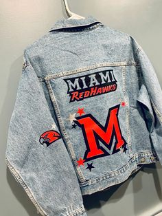 Custom Redhawks Miami University Jean Jackets - Etsy Red Denim Jacket For Winter, Medium Wash Denim Jacket With Letter Print For Fall, Fall Letter Print Medium Wash Outerwear, Ashley Taylor, Miami University, Florida State University, University Of Miami, Womens Jackets, Kansas City Mo