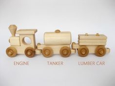 three wooden toy trains on white background with words describing engine, tanker and lumber car