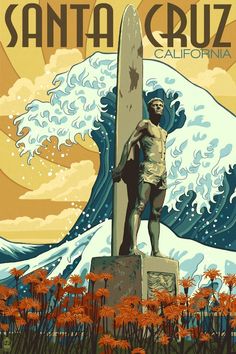 a man holding a surfboard standing on top of a statue