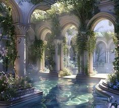 an artist's rendering of a pool surrounded by greenery and stone arches with columns