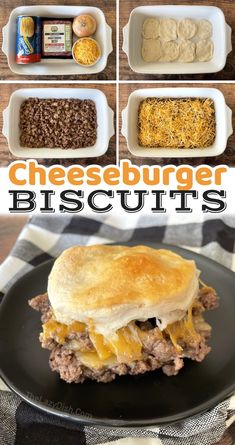 cheeseburger biscuits on a black plate with ingredients for the recipe in separate pans