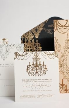 three different types of wedding cards with gold and black designs on the front, one in white