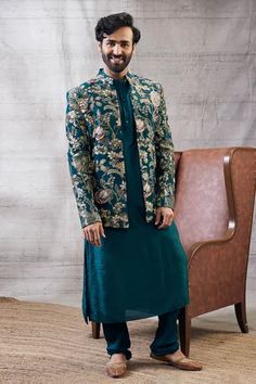 Shop for Soup by Sougat Paul Green Malaysian Silk Mehr Floral Print Jacket And Kurta Set for Men Online at Aza Fashions Fitted Kurta With Floral Embroidery For Fall, Fitted Floral Embroidered Kurta For Fall, Embroidered Fitted Straight Kurta Outerwear, Fitted Embroidered Straight Kurta Outerwear, Festive Straight Kurta Outerwear With Floral Embroidery, Traditional Designer Outerwear For Spring, Traditional Spring Designer Outerwear, Traditional Spring Outerwear, Traditional Fall Bandhgala For Designer Wear