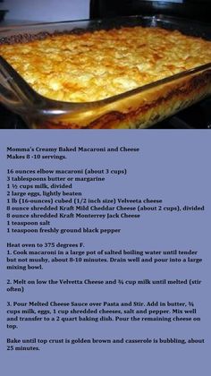 the recipe for baked macaroni and cheese casserole