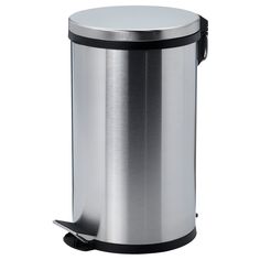 a stainless steel trash can on a white background