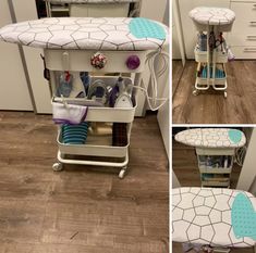 several photos of an ironing board with various items in it and on the floor