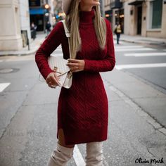 Olivia Mark - High-neck Slim-fit Long Thermal Sweater Dress Elegant Winter Dresses, Long Sleeve Turtle Neck Dress, Loose Knit Dress, Long Sleeve Turtleneck Dress, Sweater Dress Casual, Split Hem Dress, Long Sleeve Sweater Dress, Sweater Dress Women, Turtle Neck Dress