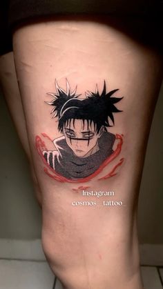 a woman's leg with a tattoo on it that has an image of the character naruto