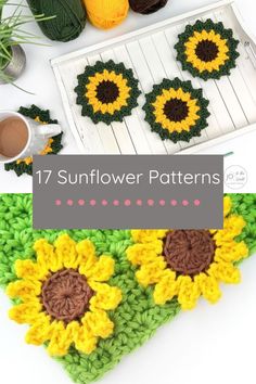 crochet sunflower patterns on a table with yarn