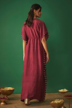 Deep red kaftan with mirror, pearl embroidery in geometric pattern on neckline. - Aza Fashions Festive Red Kaftan With Mirror Work, Festive Pallu Kaftan Maxi Length, Festive Maxi Kaftan With Pallu, Red Kaftan, Kaftan Sleeves, V Neck Kaftan, Kaftan Women, Embroidery Mirror, Kaftan For Women