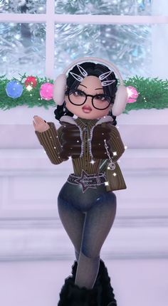 an animated woman with glasses and headphones standing in front of a christmas tree,