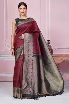 Shop wine color Banarasi sari online in USA with antique zari border. Look your best on festive occasions in latest designer sarees, pure silk saris, Kanchipuram silk sarees, handwoven sarees, tussar silk saris, embroidered sarees from Pure Elegance Indian fashion store in USA.-full view Formal Banarasi Silk Pre-draped Saree With Zari Work, Elegant Traditional Wear With Border For Transitional Season, Formal Festive Pre-draped Tussar Silk Saree, Elegant Transitional Traditional Wear With Border, Formal Chanderi Pre-draped Saree With Zari Weaving, Semi-stitched Tussar Silk Traditional Wear For Formal Occasions, Traditional Raw Silk Pre-draped Saree For Formal Occasions, Elegant Red Saree With Border, Festive Tissue Silk Traditional Wear With Border