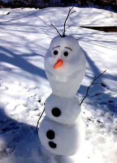 there is a snowman made out of two blocks in the snow, and it looks like he has an orange nose