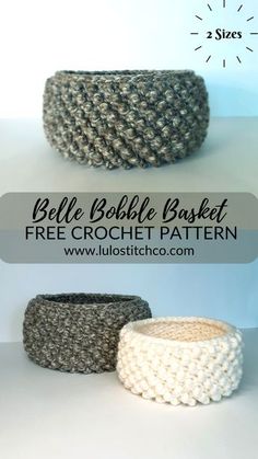 three crocheted baskets with text overlay that says, free crochet basket pattern