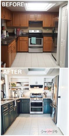 before and after pictures of a kitchen remodel with new cabinets, appliances, and tile flooring