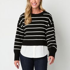 This striped Liz Claiborne women's sweater is a casual essential with versatile wardrobe appeal. Crafted from soft knit in a slightly oversized fit, it has a crew neckline, balloon long sleeves, and ribbed trim. Wear it with everything from jeans to suit pants.Closure Type: Pullover HeadFit: Classic FitNeckline: Crew NeckSleeve Length: Long SleeveSleeve Style: Fitted SleeveApparel Length: 27 InchesFiber Content: 50% Polyester, 44% Viscose, 6% NylonFabric Description: KnitCare: Machine Wash, Tumb Fall Striped Sleeve Sweater For Layering, Fall Layering Sweater With Striped Sleeves, Winter Sweater With Striped Sleeves For Layering, Winter Layering Sweater With Striped Sleeves, Knit Sweater With Horizontal Stripes For Layering, Long Sleeve Sweater With Contrast Stripes For Layering, Knit Long Sleeve Tops With Striped Hem, Contrast Stripes Sweater For Layering, Winter Knit Tops With Striped Hem