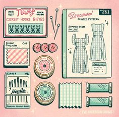 an assortment of sewing related items are displayed on a pink background, including buttons and pins