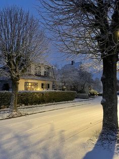 a snow covered street with trees and houses in the background